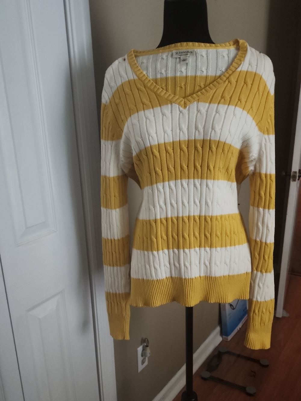 Striped Cable-Knit V-Neck Sweater in Mustard and White